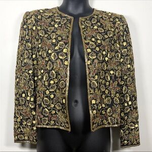 VTG Scala XL Gold Black Beaded Embroidered Jacket Holiday Cocktail Formal Silk